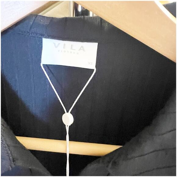 VILA Vipola Black Ribbed Short Sleeve Collard Mini Dress - Sz XS - NWT - Picture 11 of 12